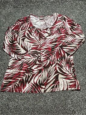 Chico's Red Leaf-Print Scoop Neck Women's Top Button Down Cotton